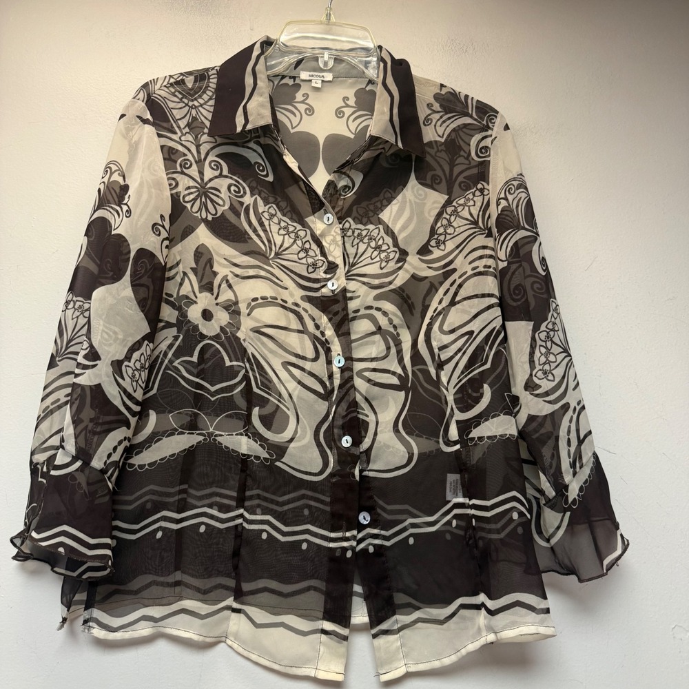 Nicola Button Down Blouse Women Large Brown White Excellent Sheer Mesh Floral